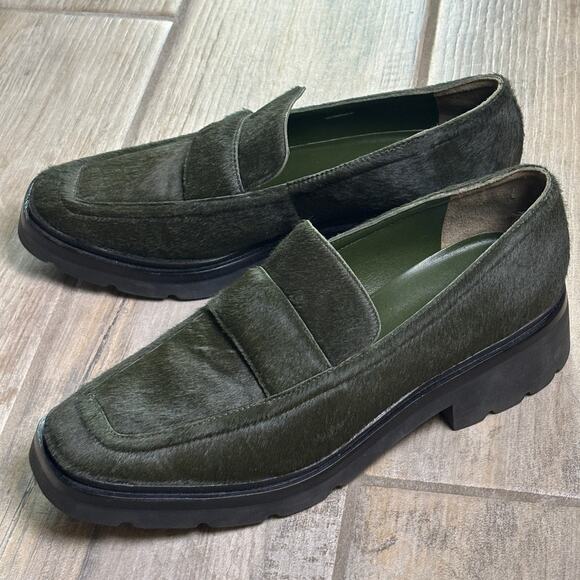 VINCE Robin Lug Loafer Chunky Square Toe Calf Hair Olive Green 10 NEW - Picture 3 of 5